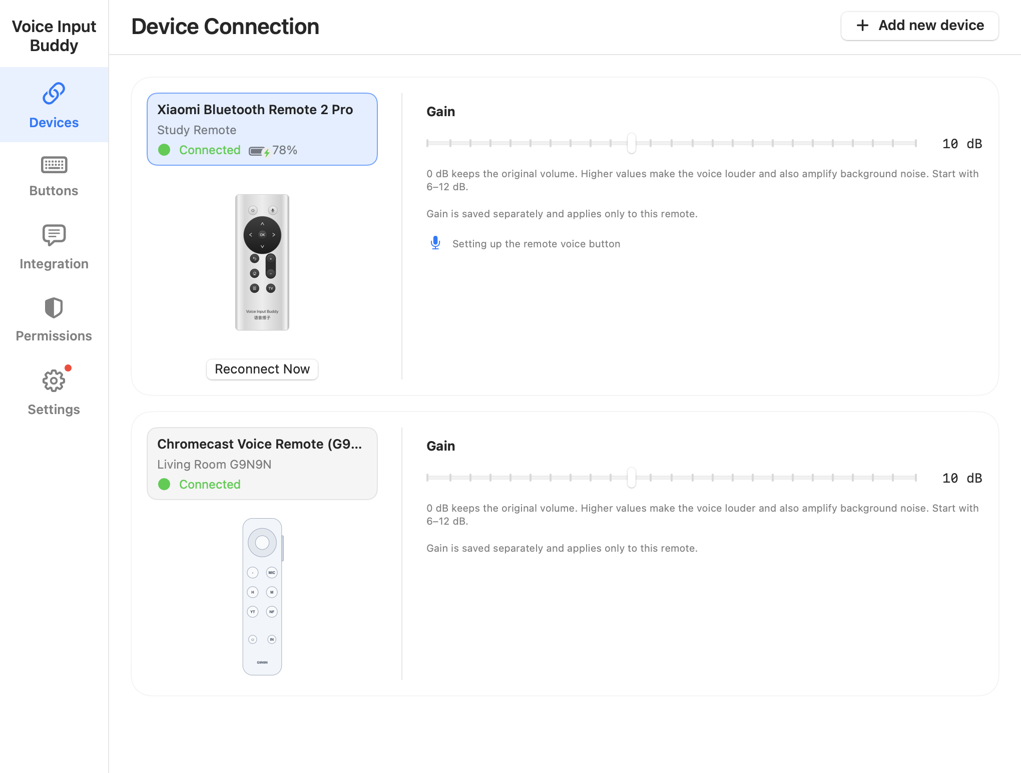Voice Input Buddy Devices interface: Xiaomi and Google G9N9N remote cards, connection status, battery levels, and independent microphone gain sliders